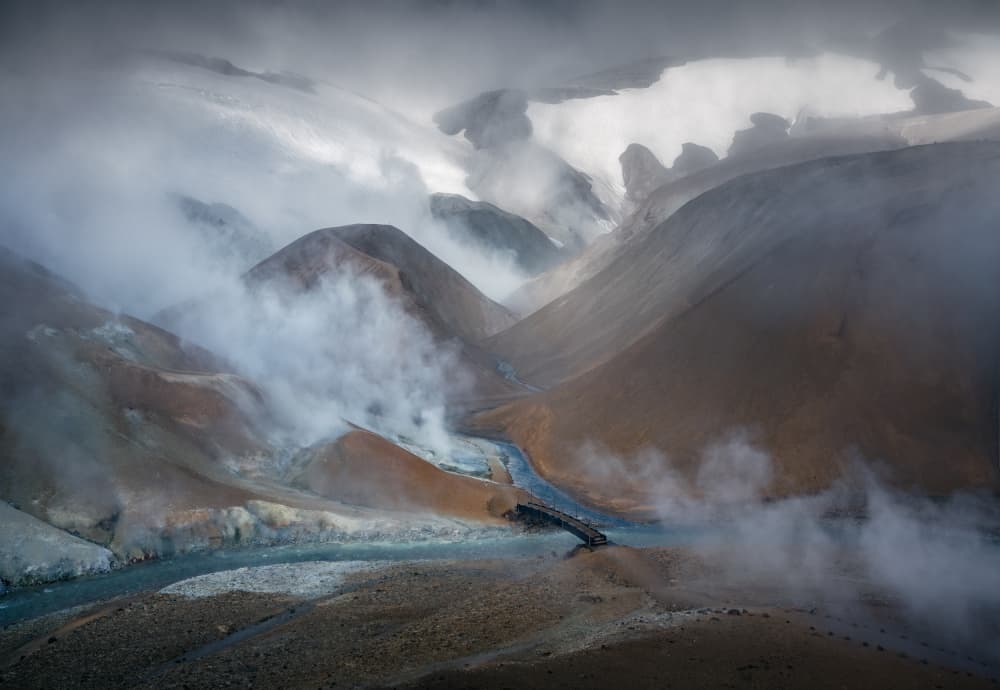 Steaming Geothermal Valley Bridge by Karol Nienartowicz — canvas wall art