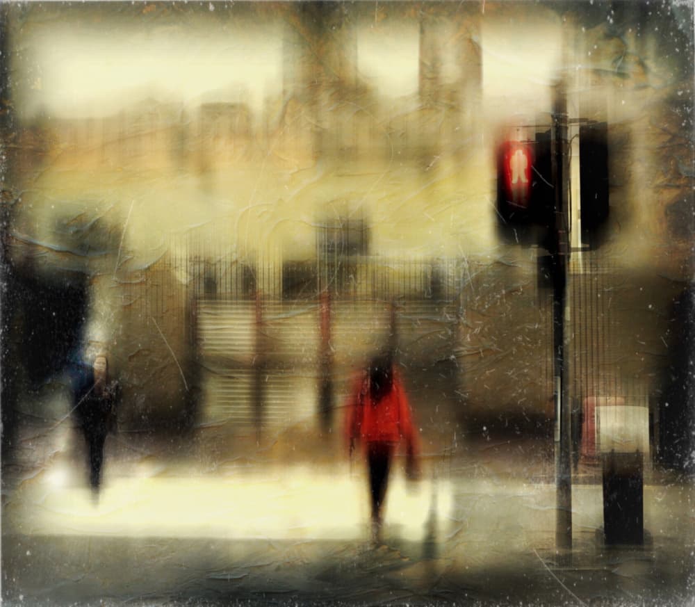 Red Jacket City Stroll by Lammakmak — canvas wall art