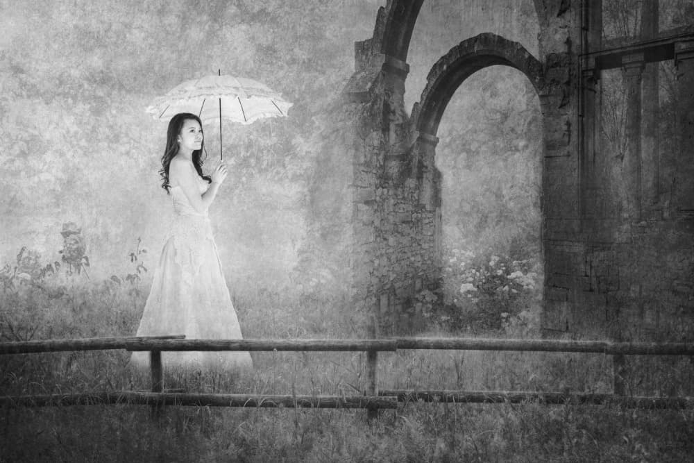 Dreamy Woman Umbrella Ruins by Eiji Yamamoto — canvas wall art