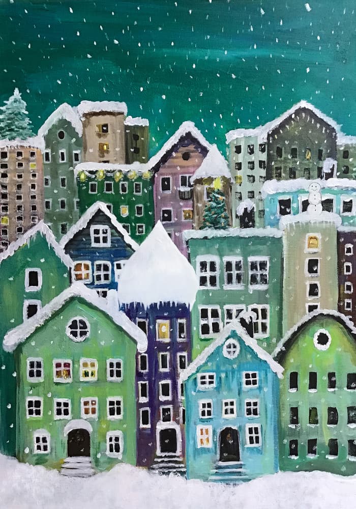 Cozy Winter Village by Monica Lindblom — canvas wall art