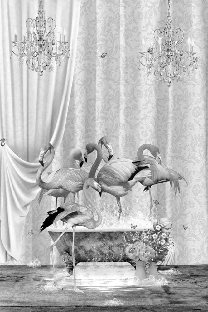 Whimsical Flamingo Bath by Sue Skellern — canvas wall art