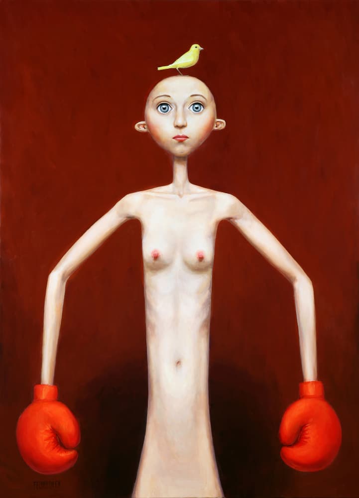 Bald Woman Red Gloves by Myriam Feuilloley — canvas wall art