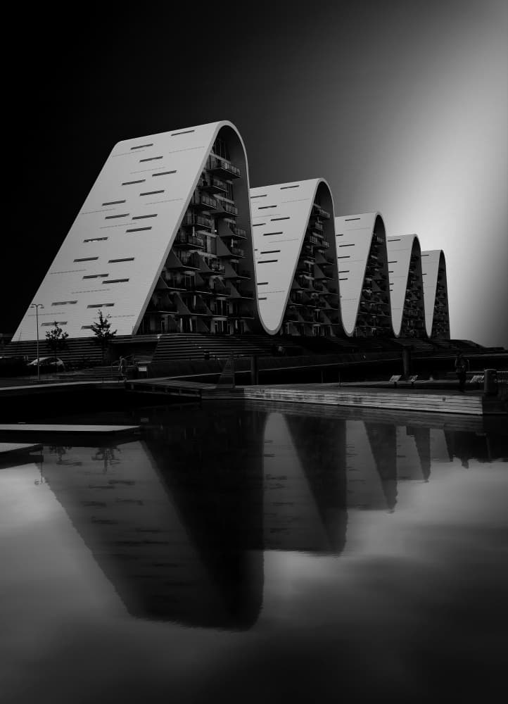 Monochrome Wave Building Reflection by Jorge Pimenta — canvas wall art