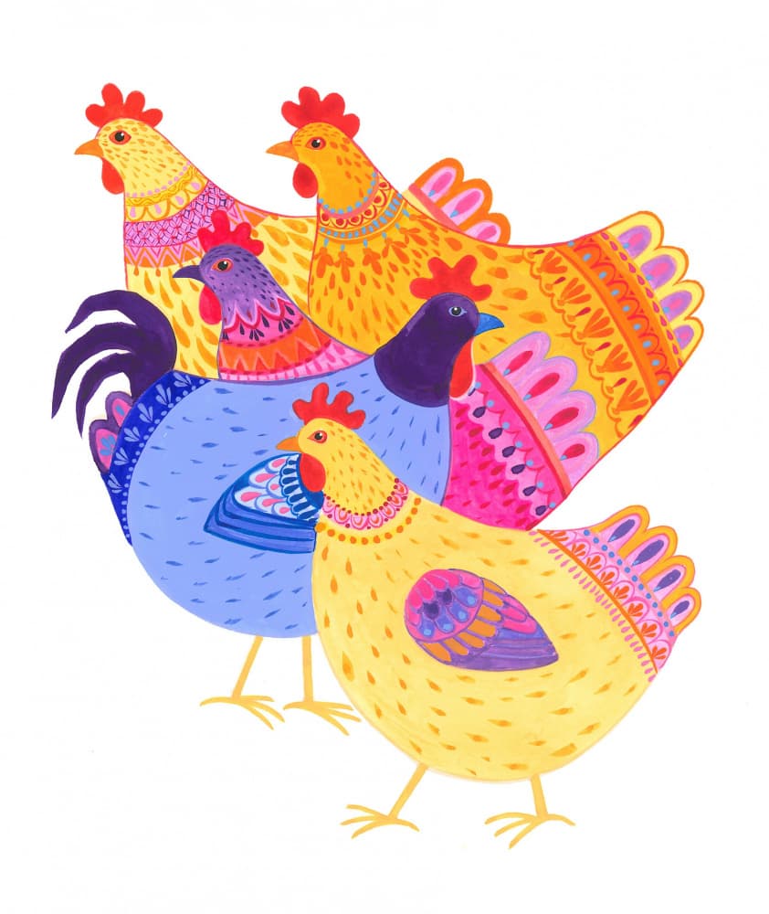 Colorful Hen Parade by Isabelle Brent — canvas wall art