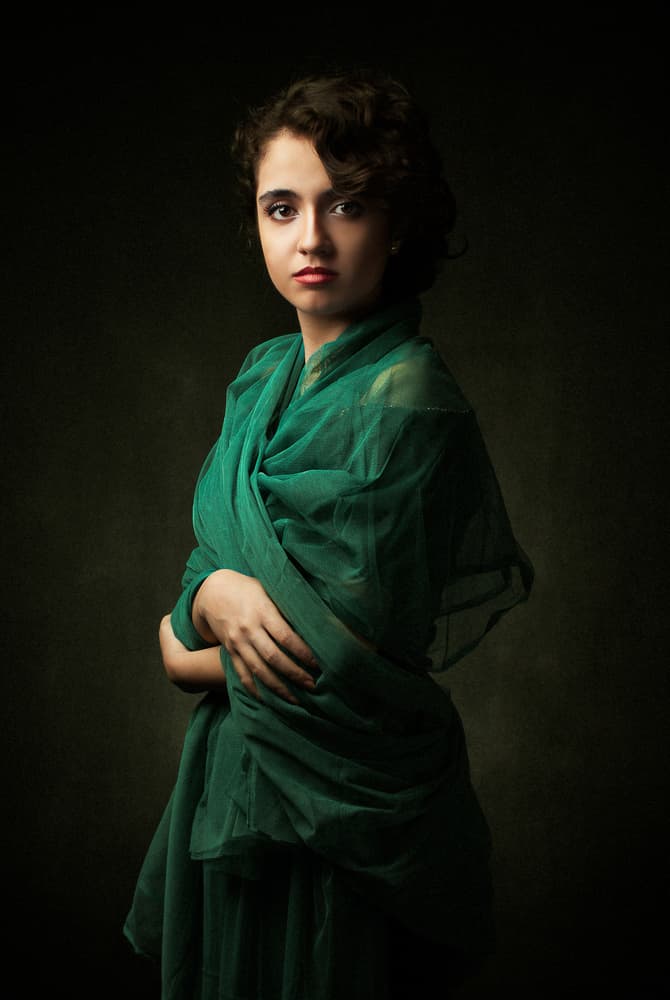 Pensive Green Portrait by Mehdi Mokhtari — canvas wall art