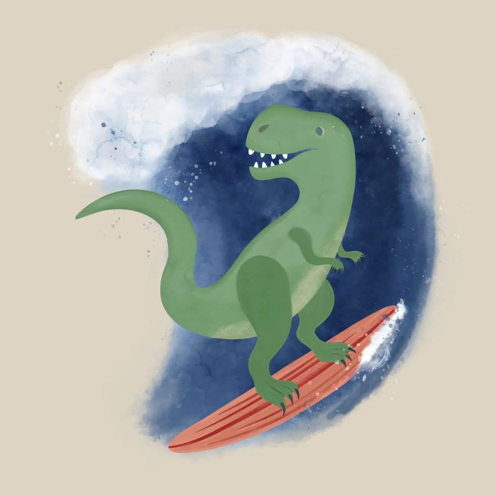 T-Rex Surfing Wave by Carrie Cantwell — canvas wall art