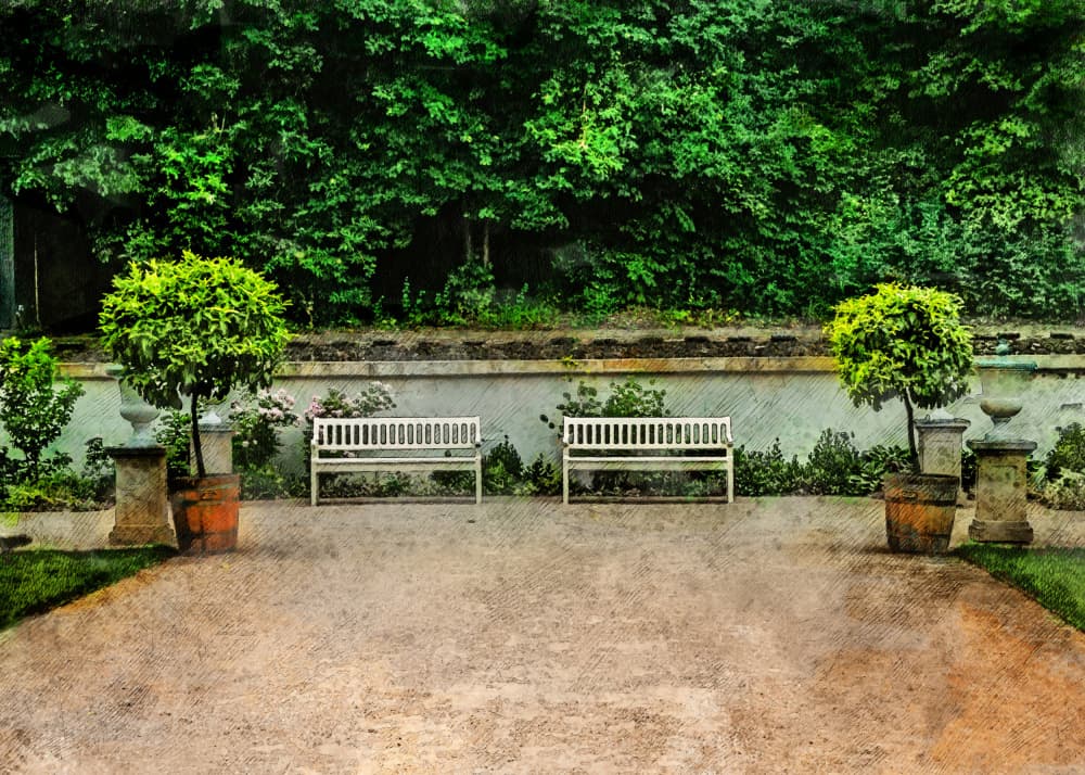 Serene Garden Benches by Justyna Jaszke — canvas wall art