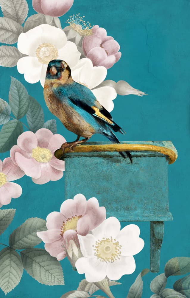 Perched Goldfinch and Blooms by Marja van den Hurk — canvas wall art