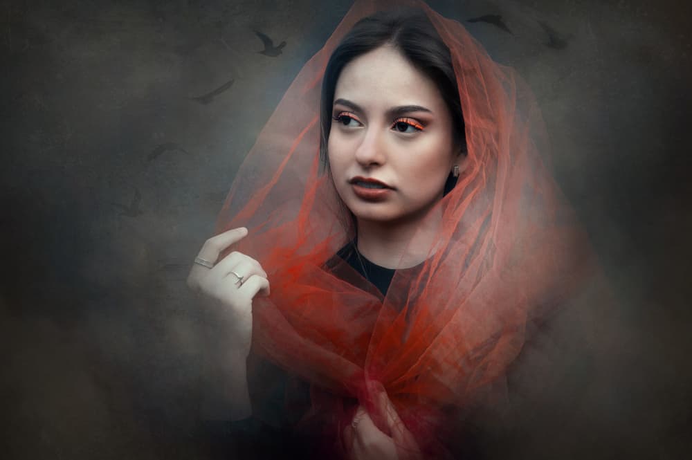 Contemplative Woman Red Veil by Adela Lia Rusu — canvas wall art