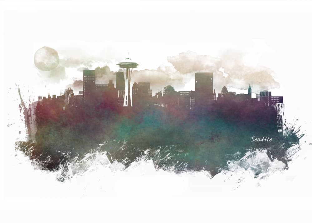 Watercolor Seattle Skyline Moon by Justyna Jaszke — canvas wall art