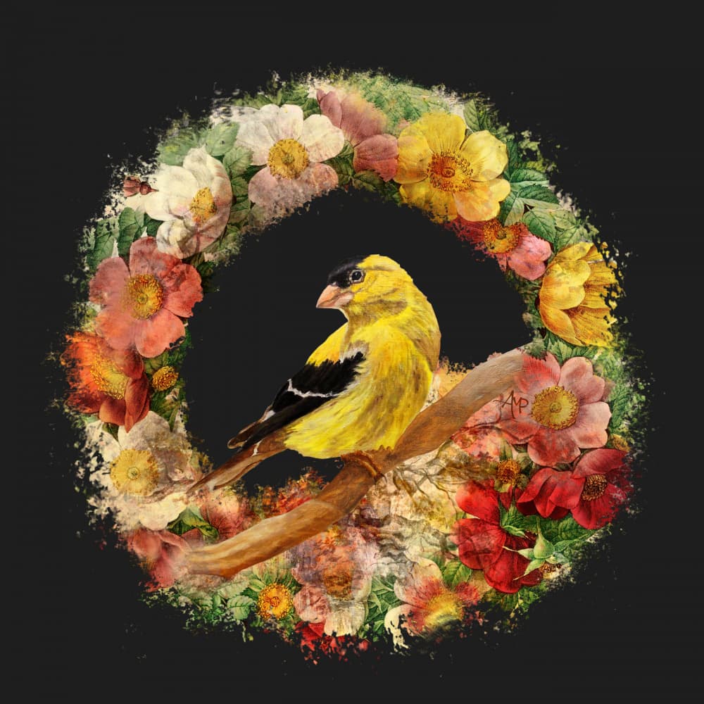 Goldfinch Floral Wreath by Angeles M. Pomata — canvas wall art
