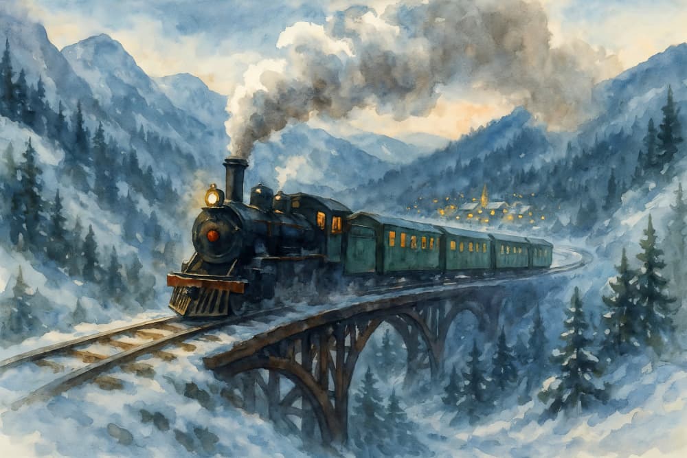 Winter Train Village Lights by Natalie Bruns — canvas wall art