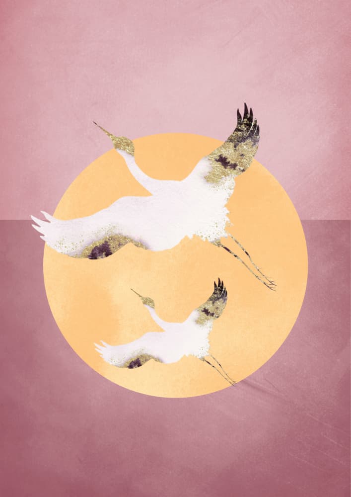Graceful Cranes Sun by Aureous — canvas wall art