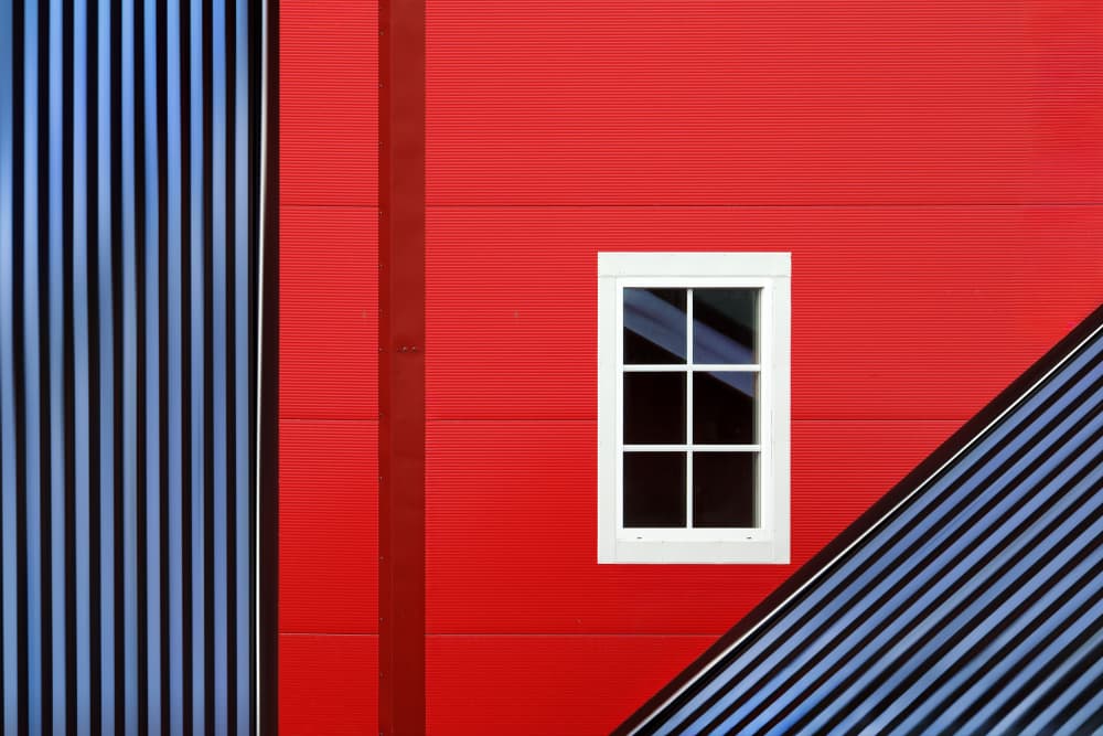 Red Wall Blue Stripes by Hans-Wolfgang Hawerkamp — canvas wall art