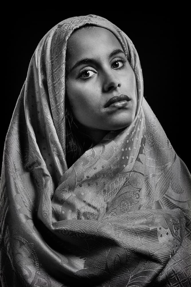 Elegant Headscarf Portrait by Joan Gil Raga — canvas wall art
