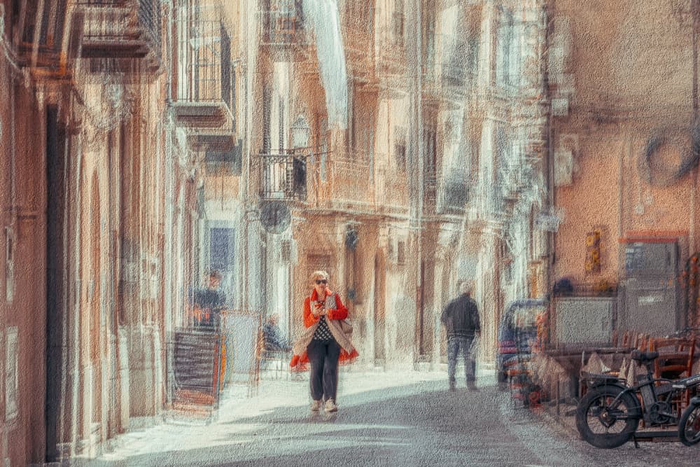 Red Coat City Street by Cindy Liu — canvas wall art