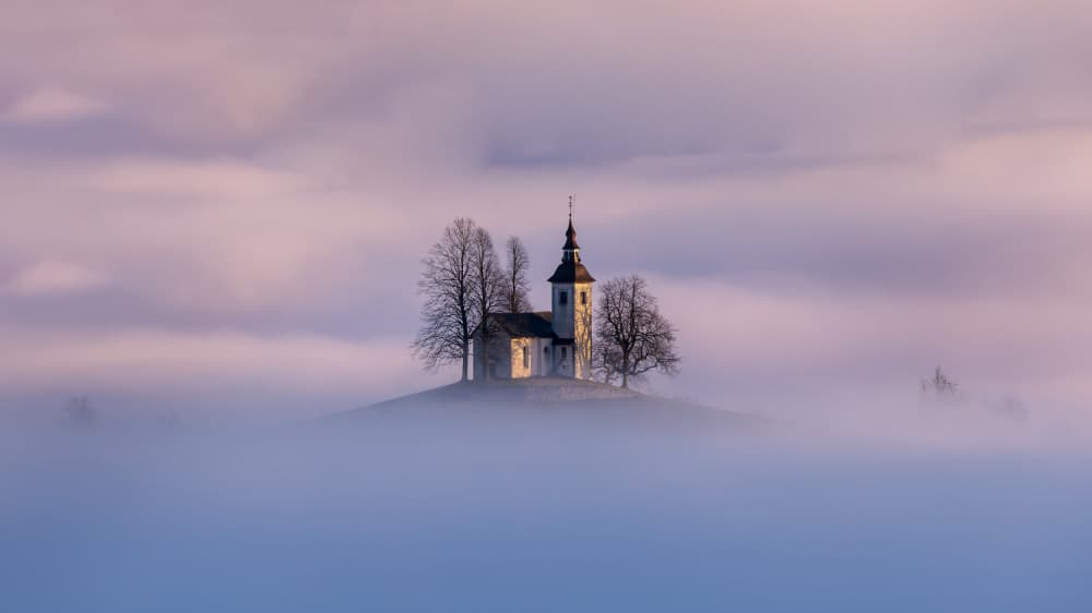 Misty Morning Chapel by Bor — canvas wall art