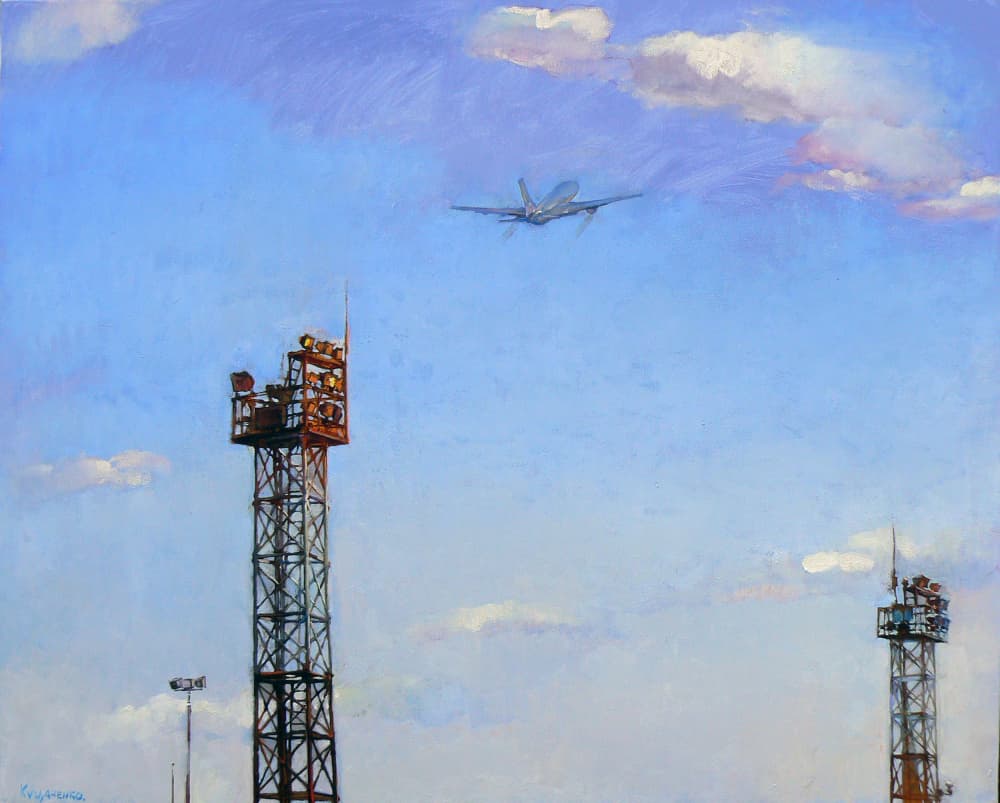 Fighter Jet Over Towers by Andrii Kutsachenko — canvas wall art