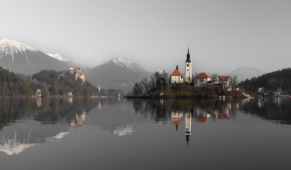Island Church Reflection by Karim Al Thahaby — canvas wall art