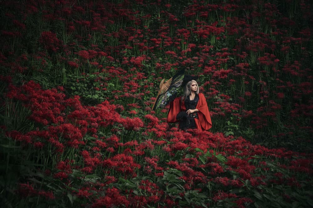 Elegant Woman Red Flowers by KOIKI — canvas wall art