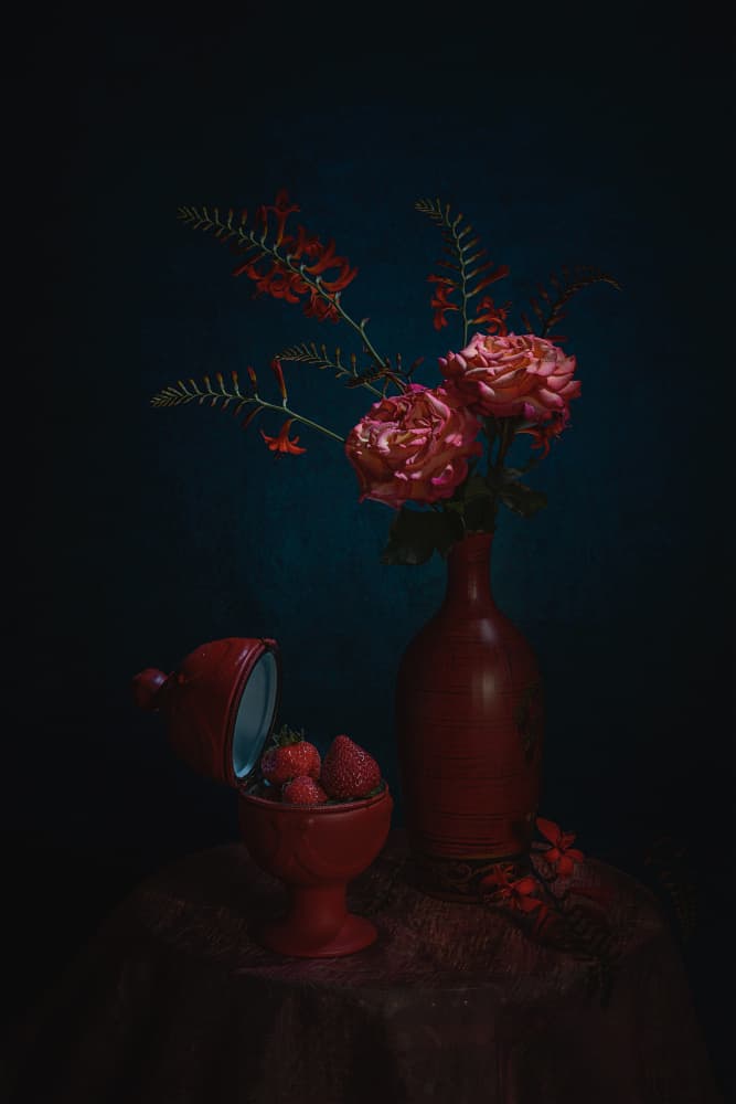 Moody Red Still Life by Lydia Jacobs — canvas wall art
