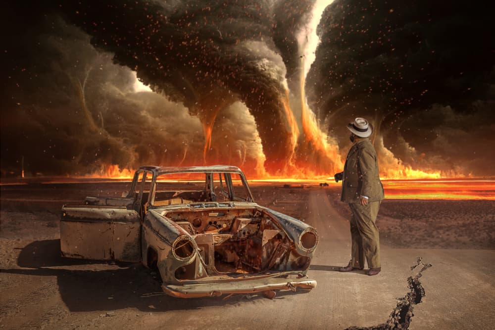 Man Views Fire Tornados by Marcel Egger — canvas wall art