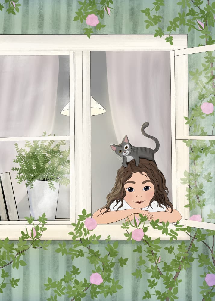 Girl Cat Window Roses by EMELIEmaria — canvas wall art