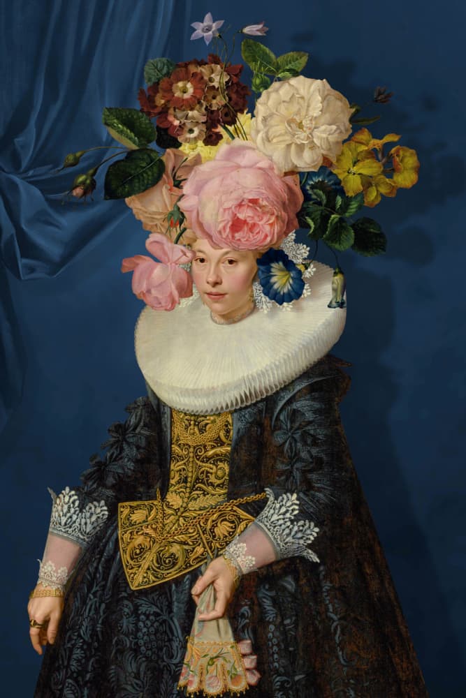 Elegant Woman Floral Headdress by Marja van den Hurk — canvas wall art