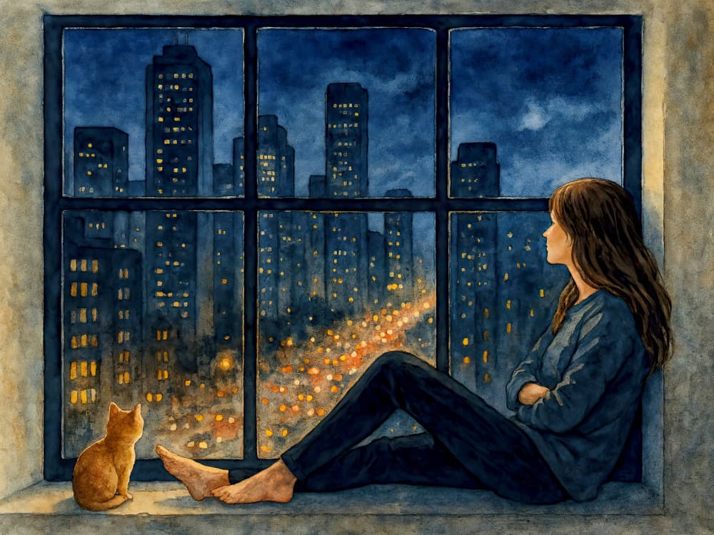 Woman Cat City Window by Natalie Bruns — canvas wall art