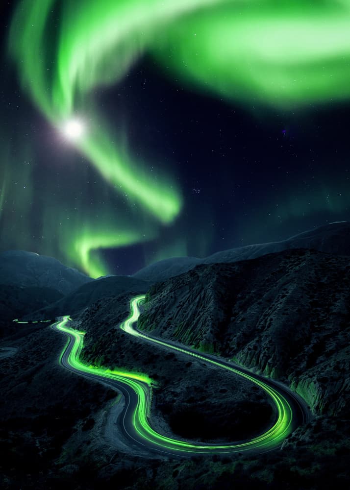 Northern Lights Mountain Road by Ariz Rab — canvas wall art