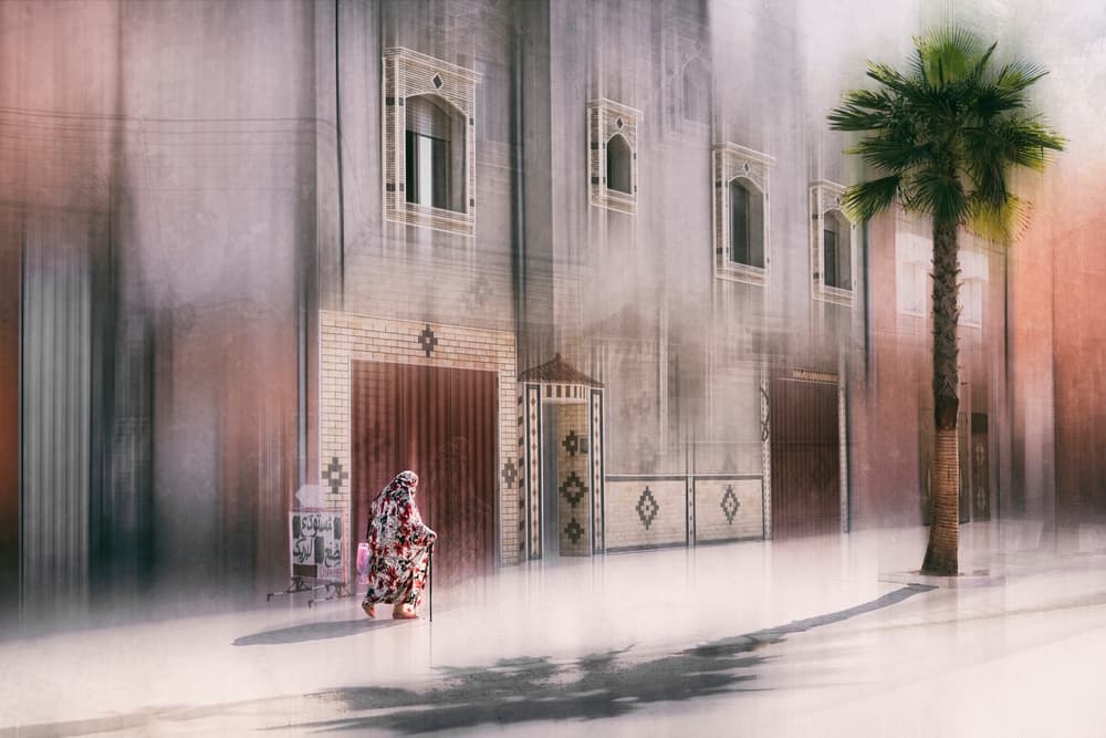 Woman on Abstract Street by Roswitha Schleicher-Schwarz — canvas wall art