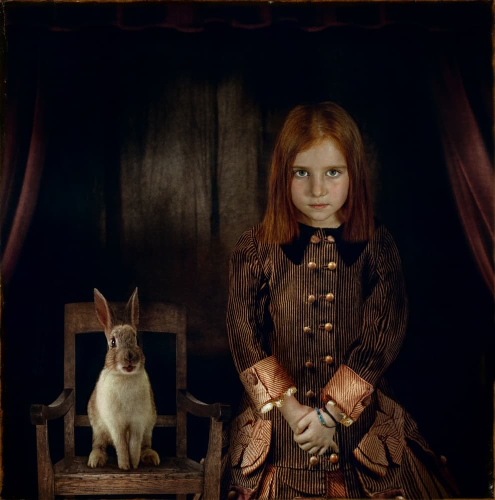 Solemn Girl and Rabbit by Svetlana Melik-Nubarova — canvas wall art