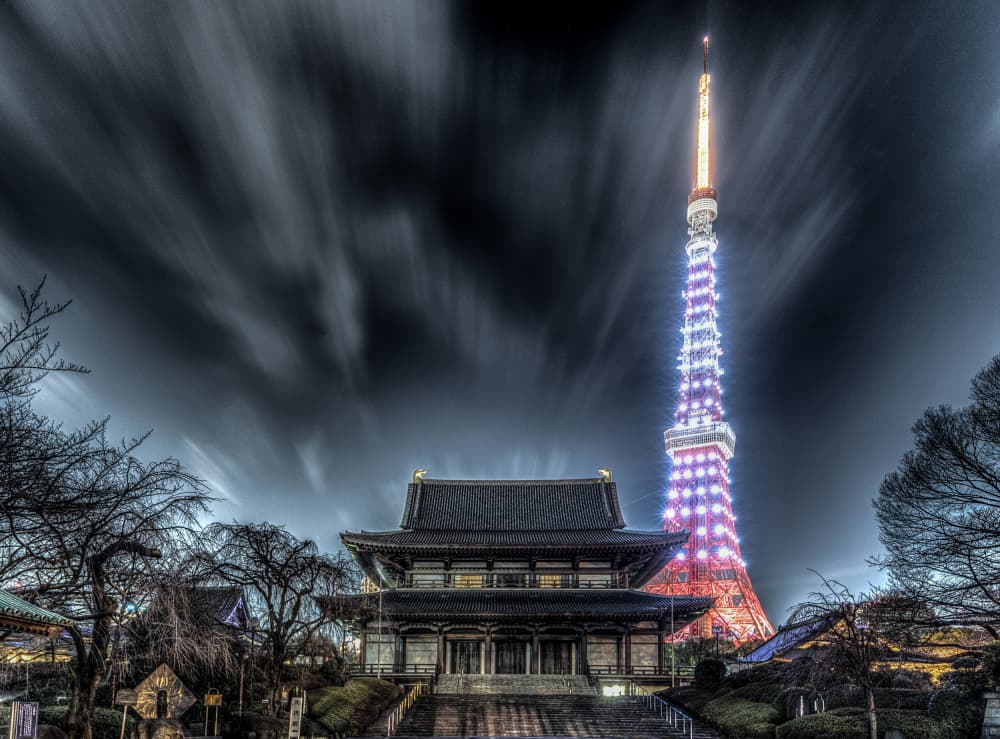 Tokyo Tower Temple Night by Tomoshi Hara — canvas wall art