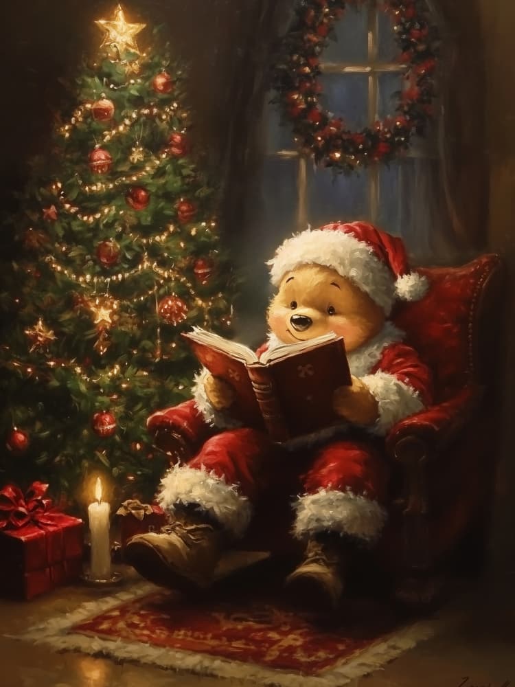 Festive Bear Reading by Jolly and Dash — canvas wall art