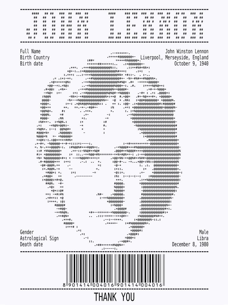 John Lennon ASCII Portrait by Doa Project — canvas wall art