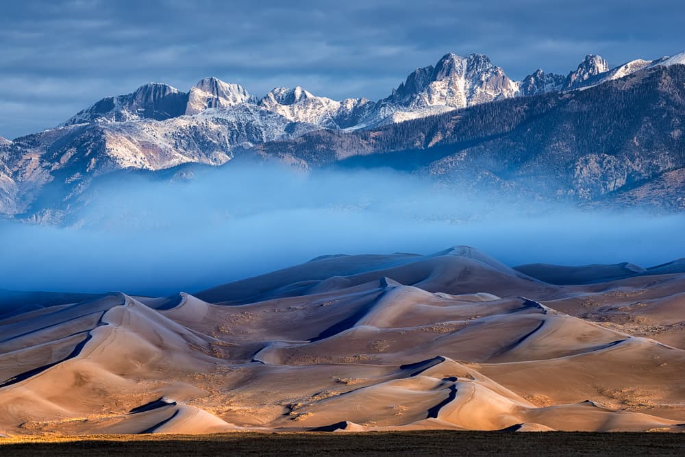 Golden Dunes Misty Mountains by Mei Xu — canvas wall art