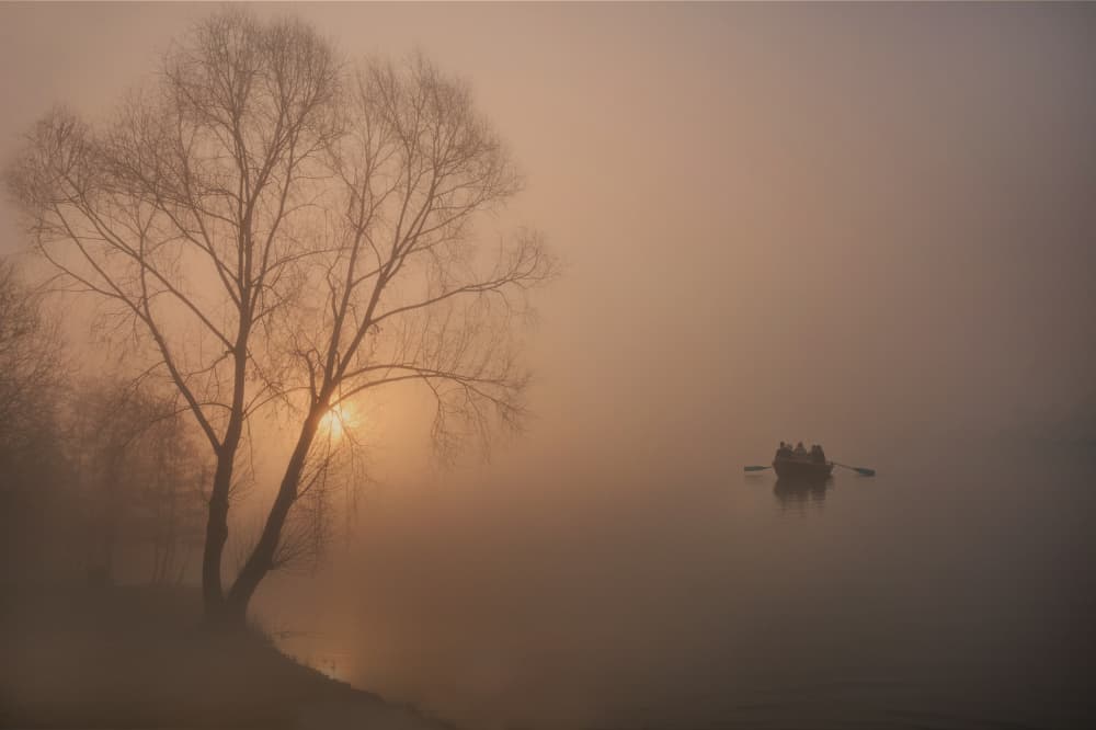 Misty Lake Dawn by Lou Urlings — canvas wall art