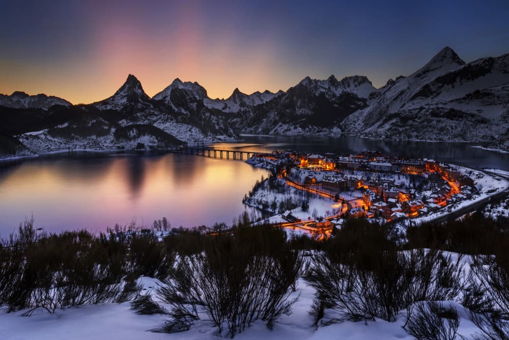 Snowy Mountain Lake Village by Rodrigo Núñez Buj — canvas wall art