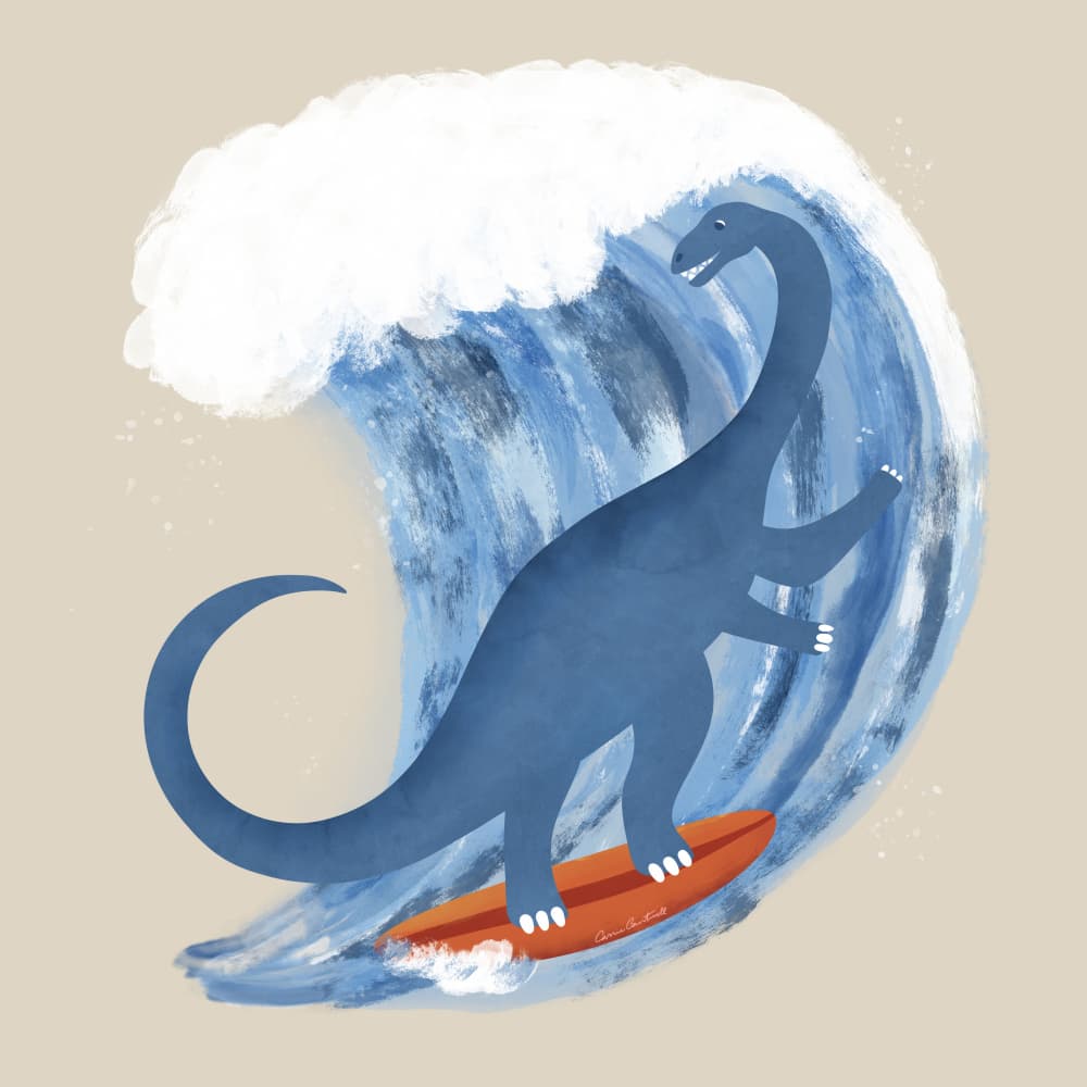 Whimsical Surfing Dinosaur by Carrie Cantwell — canvas wall art