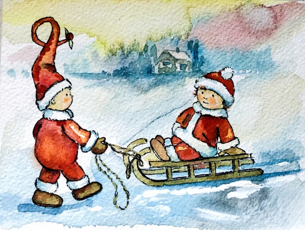Christmas Gnomes Sledding by Anda Bieza — canvas wall art