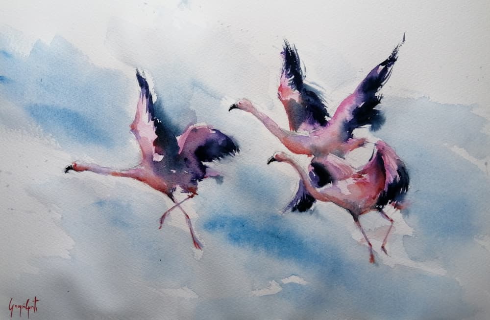 Pink Flamingos Soaring by Giorgio Gosti — canvas wall art