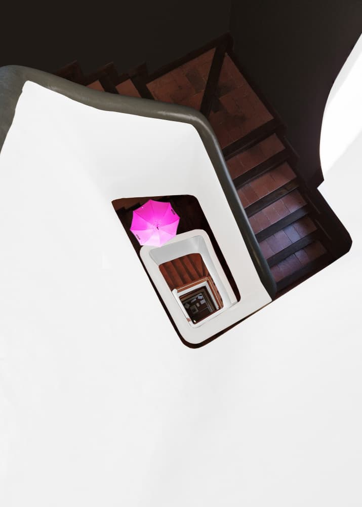 Pink Umbrella Staircase by Jorge Pimenta — canvas wall art