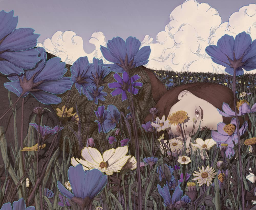 Girl Among Blue Flowers by EC Mazur — canvas wall art