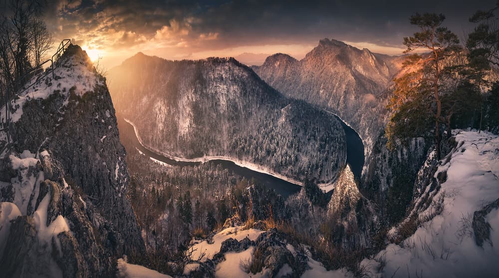 Snowy Mountain Valley Sunset by Karol Nienartowicz — canvas wall art