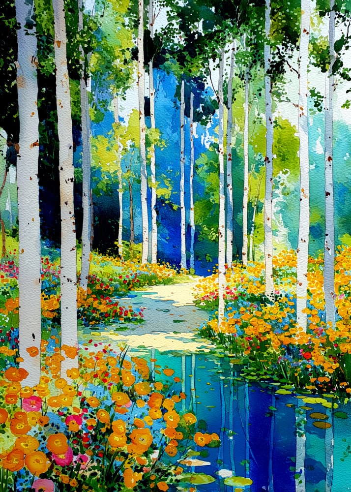 Flowering Birch Wood Path by Justyna Jaszke — canvas wall art