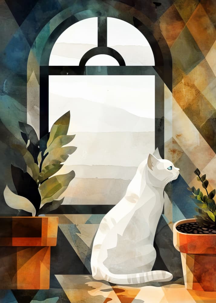 White Cat Window Scene by Justyna Jaszke — canvas wall art