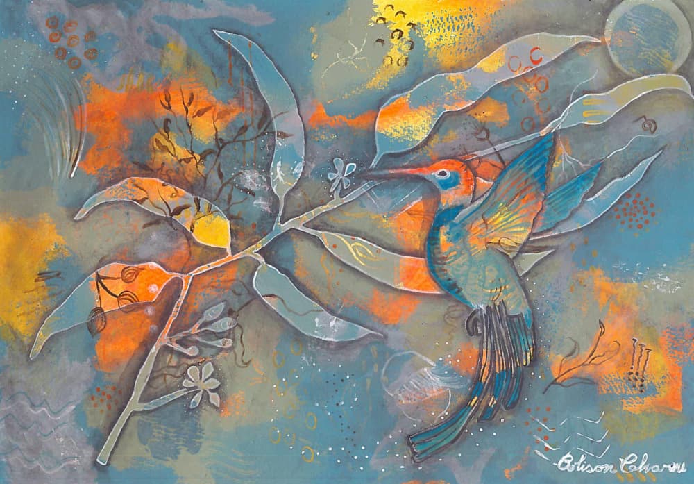 Vibrant Hummingbird Flight by Alison Charne — canvas wall art