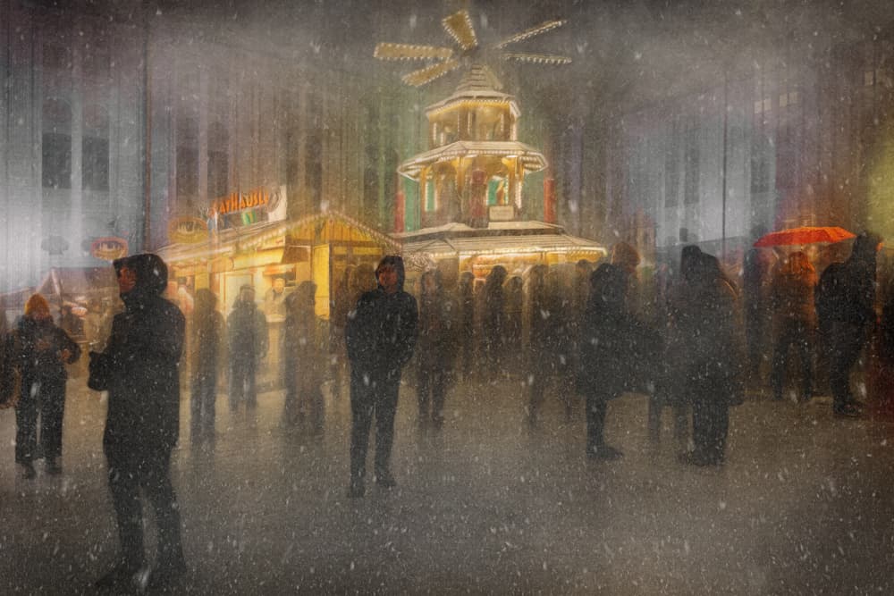 Festive Market Snowfall by Roswitha Schleicher-Schwarz — canvas wall art
