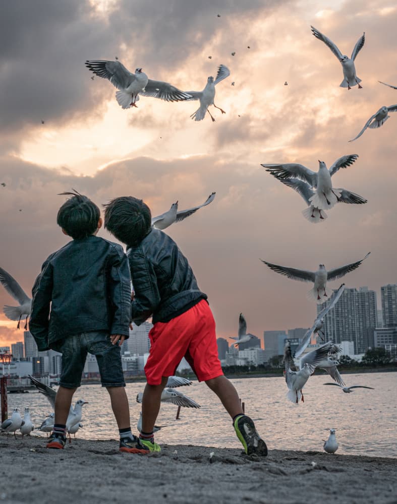 Children and Flying Seagulls by sirou.minami — canvas wall art