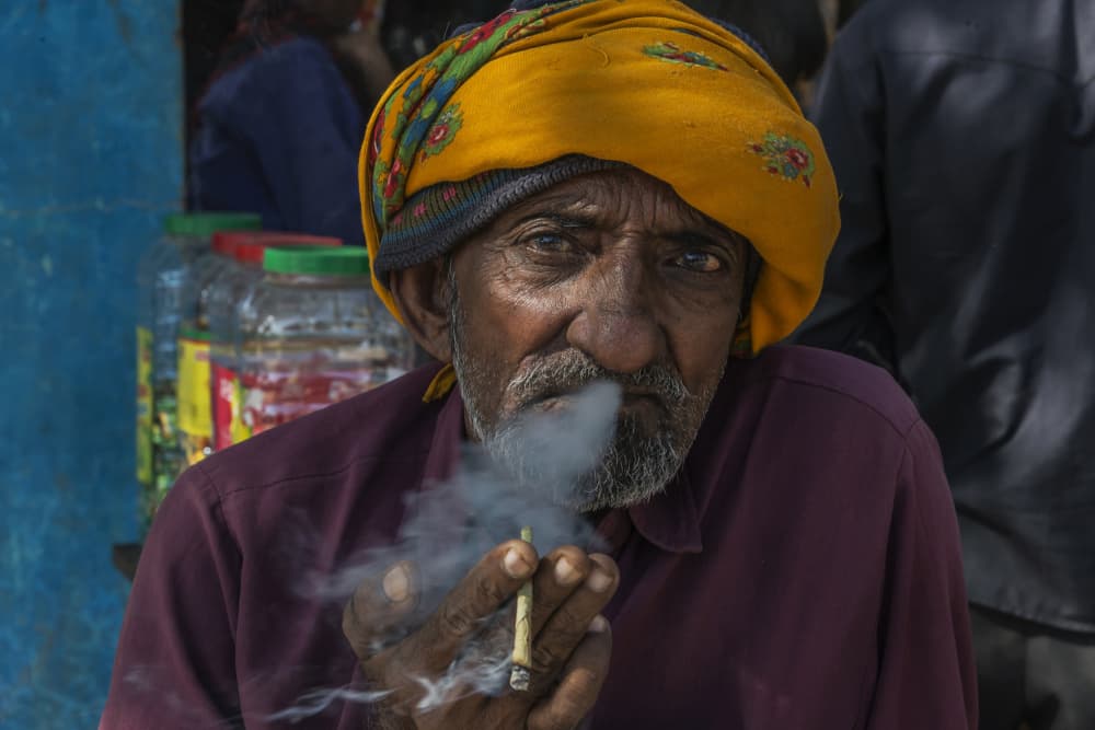 Old Man Smoking Portrait by Giuseppe DAmico — canvas wall art